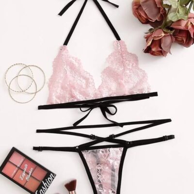 CONJUNTO 2 PIEZAS ROSA CON TIRAS EN NEGRO