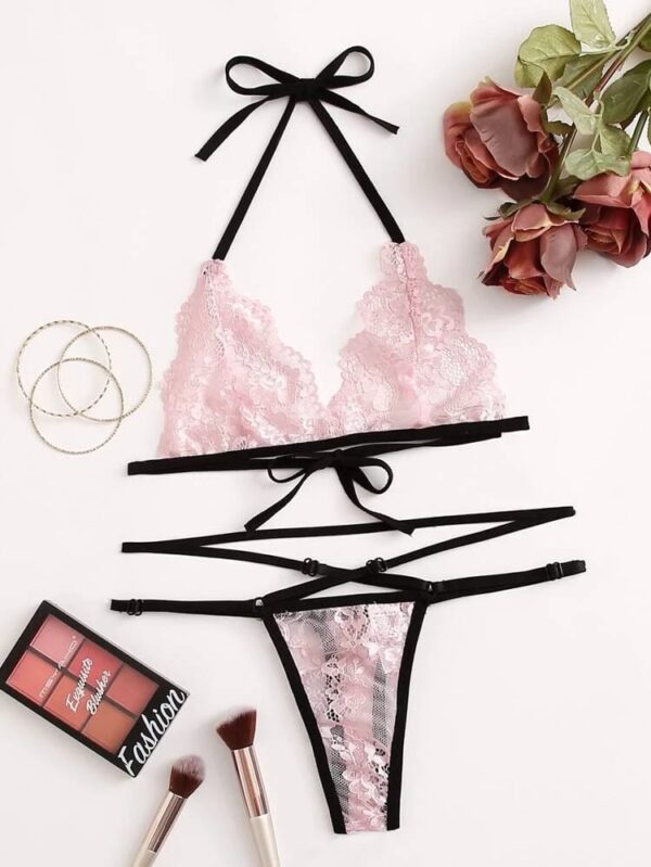 CONJUNTO 2 PIEZAS ROSA CON TIRAS EN NEGRO
